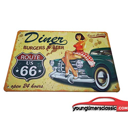 Diner Burger and Beer Route US 66 FEENOMENN Plaque Métal Déco Vintage 20x30cm