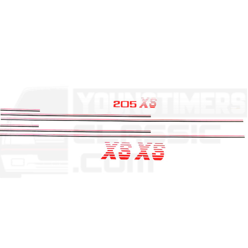Aufkleber Peugeot 205 XS Komplettkit Doppelband schwarz und rot