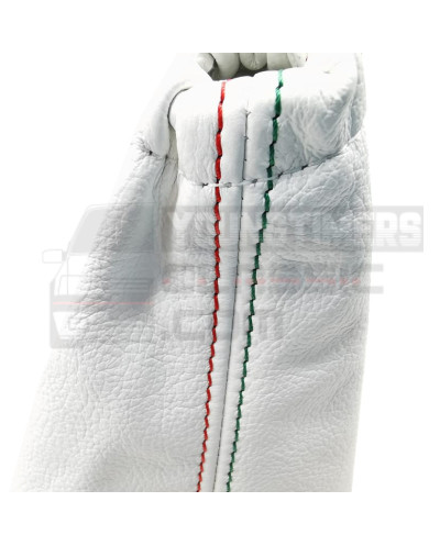 Fuelles cuero blanco 205 Roland Garros palanca de cambios colores cuero blanco costuras rojo y verde.