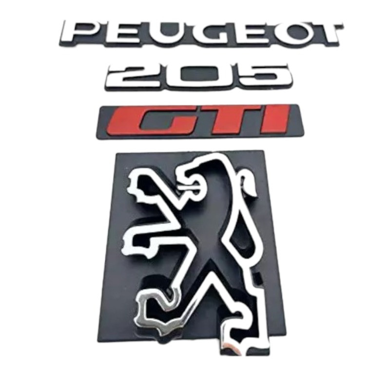 Peugeot 205 GTI logos, lion grille, bodywork emblem