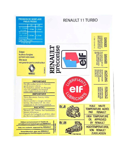 Stickers compartiment moteur R11 Turbo autocollant pression pneu bouchon huile ELF