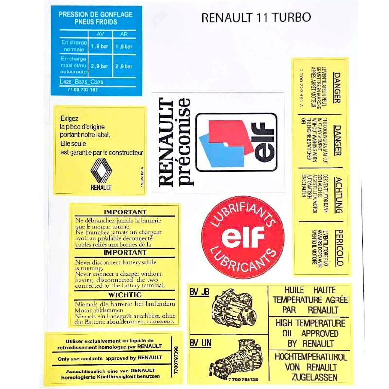 Stickers compartiment moteur R11 Turbo autocollant pression pneu bouchon huile ELF