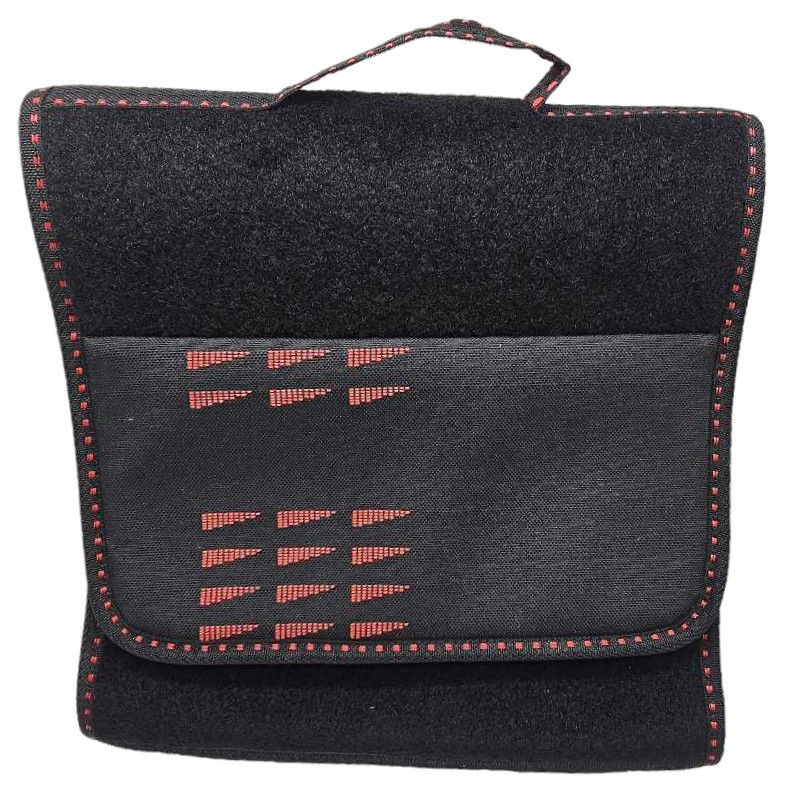Black trunk bag, fabric, red pennant, Renault Super 5 GT Turbo, storage, tools, upholstery, interior passenger compartment