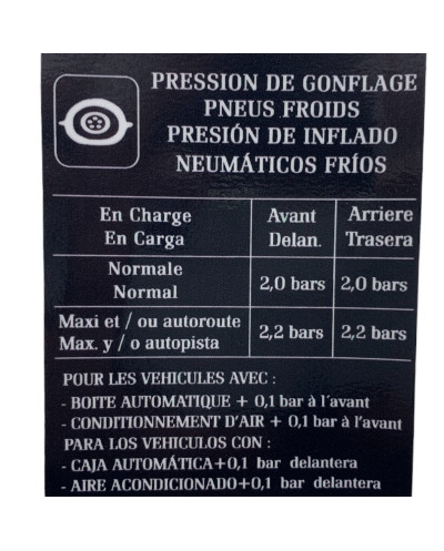 Pegatina de presión de inflado para neumáticos fríos Renault Clio Williams, 16S y 16V
