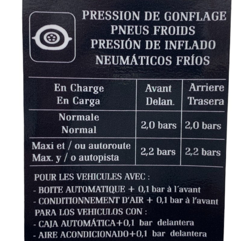 Sticker Inflation Pressures Cold Tyres Renault Clio Williams, 16S & 16V High Quality