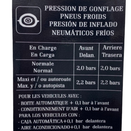 Inflation pressure sticker for cold tires Renault Clio Williams, 16S & 16V