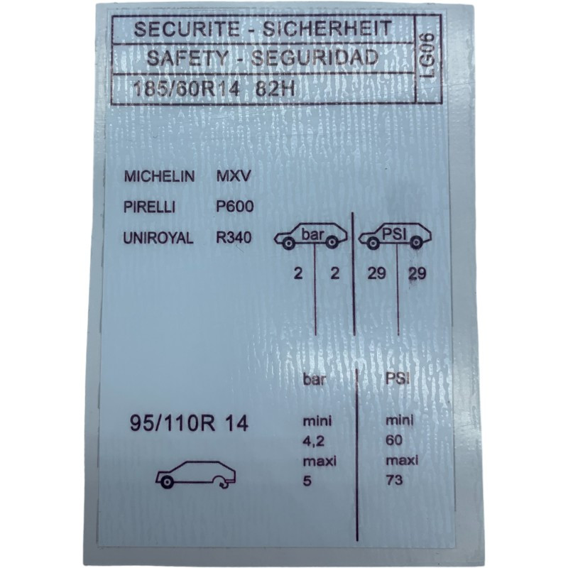 Tire pressure sticker LG06 Peugeot 205 GTI 1.6