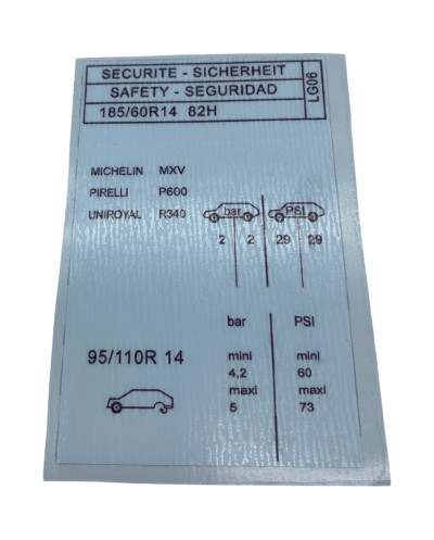 Tire Pressure Sticker Peugeot 205 GTI 1.6 High Quality Resistance
