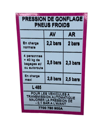 Adesivo Adesivo Pressão de Inflação Pneus Frio Renault 21 2L Turbo