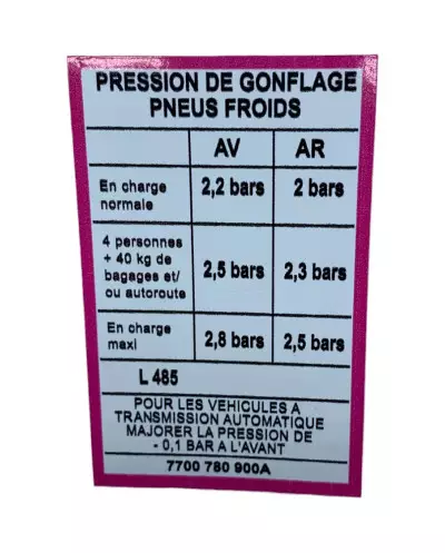 Sticker Autocollant Pression de Gonflage Pneus Froids Renault 21 2L Turbo