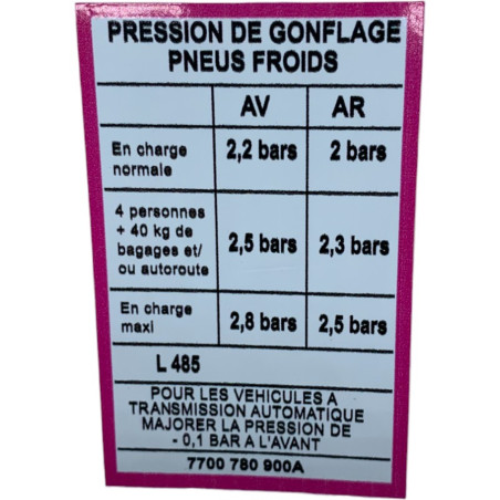 Adesivo Adesivo Pressão de Inflação Pneus Frio Renault 21 2L Turbo