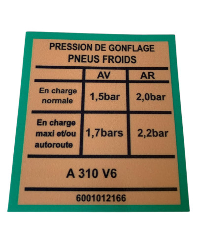 Adesivo Adesivo Pressões de Enchimento Pneus Frios Renault Alpine A310 V6