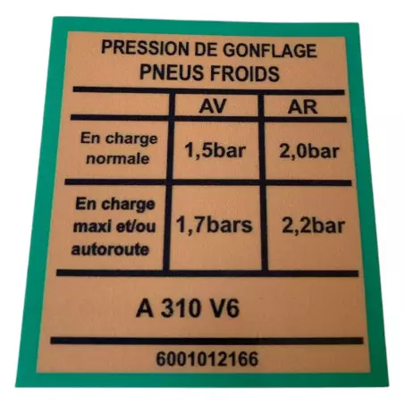 Sticker Autocollant Pressions Pneus Alpine A310 V6