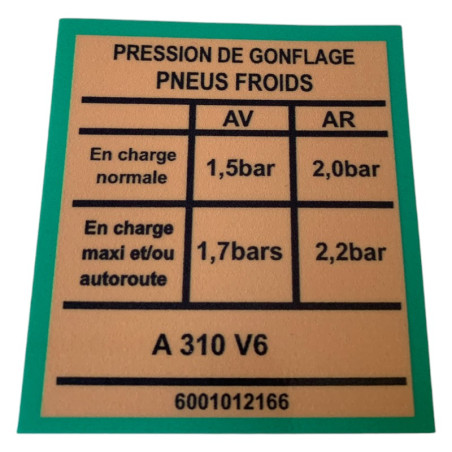 Sticker Sticker Inflation Pressures Cold Tyres Renault Alpine A310 V6