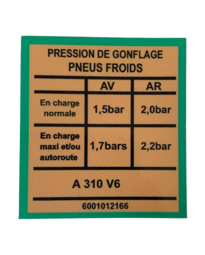 Sticker Autocollant Pressions De Gonflage Pneus Froids Renault Alpine A310 V6 Référence: 6001012166