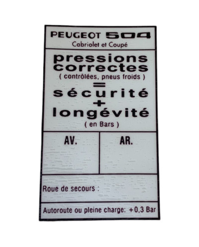 Adesivo de pressão correto Pneus a serem preenchidos Peugeot 504CC