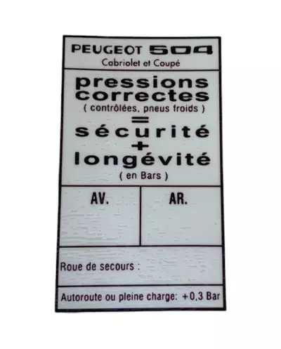 Sticker Correct Pressure Tyres Peugeot 504 Cabriolet & Coupé