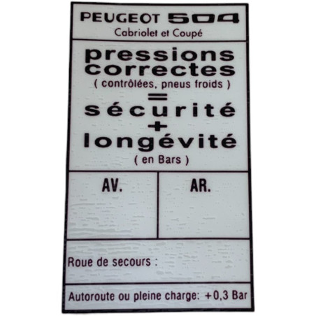 Adesivo de pressão correto Pneus a serem preenchidos Peugeot 504CC