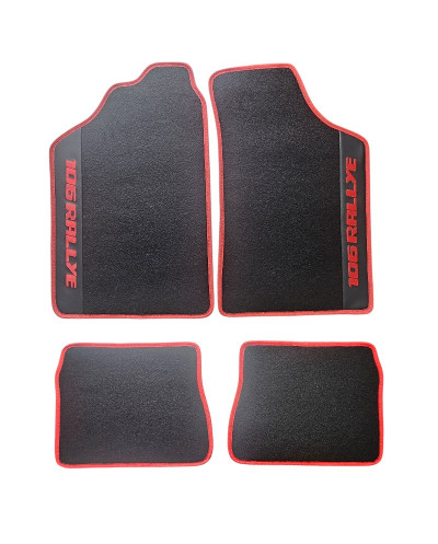 Lot de 4 Tapis de sol pour Peugeot 106 Rallye – Velours noir surpiqûres rouges, finition haut de gamme.