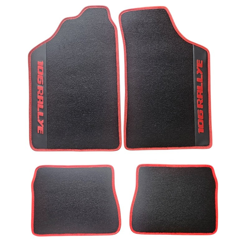 Lot de 4 Tapis de sol pour Peugeot 106 Rallye – Velours noir surpiqûres rouges, finition haut de gamme.