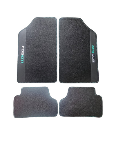 Tapis de sol Peugeot 205 GTI – Velours noir surpiqûres vertes, ajustement sur mesure.