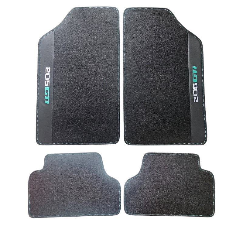 Tapis de sol Peugeot 205 GTI – Velours noir surpiqûres vertes, ajustement sur mesure.