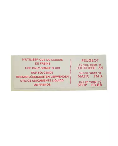 Adesivi motore "liquido freni" per Peugeot 205/309/504/604, bianco e rosso.