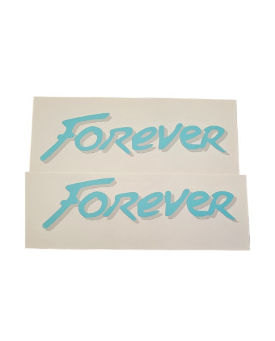 Lot de 2 stickers d'aile avant pour Peugeot 205 FOREVER fond blanc ,Bleu turquoise et gris.