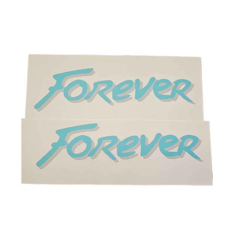 Lot de 2 stickers d'aile avant pour Peugeot 205 FOREVER fond blanc ,Bleu turquoise et gris.